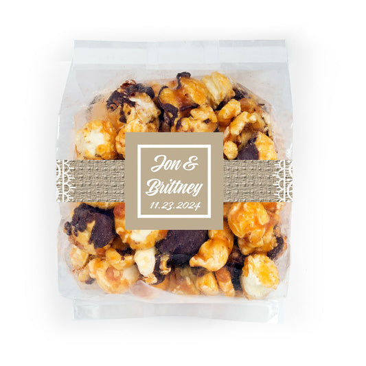 Personalized Wedding Burlap and Lace Chocolate Caramel Sea Salt Gourmet Popcorn 3.5 oz Bags