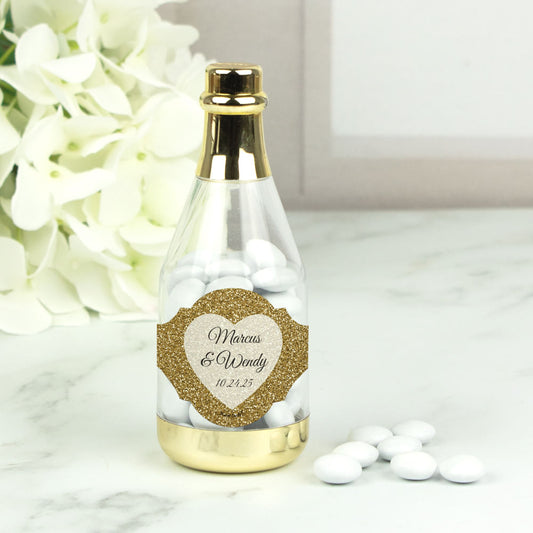 Personalized Wedding Glittery Heart Champagne Bottle with Just Candy Chocolate Minis
