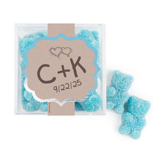 Personalized Wedding Names in the Sand JUST CANDY® favor cube with Sugar Sanded Gummy Bears