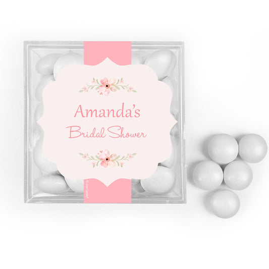 Personalized Bridal Shower Pink Pastel Floral JUST CANDY® favor cube with Just Candy Milk Chocolate Minis