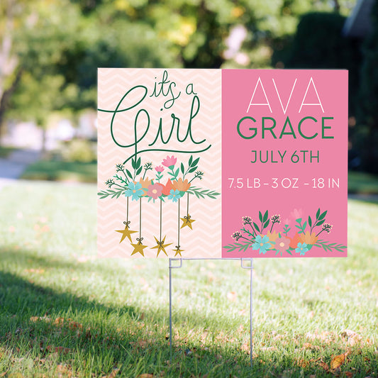 Personalized It's a Girl Yard Sign and Stake - It's a Girl Floral