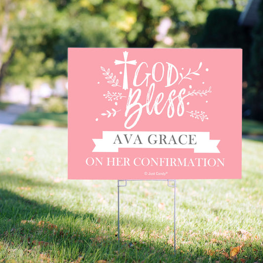 Personalized Confirmation Yard Sign and Stake Floral God Bless