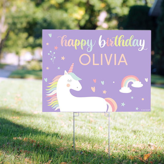 Personalized Kids Birthday Purple Unicorn Yard Sign and Stake
