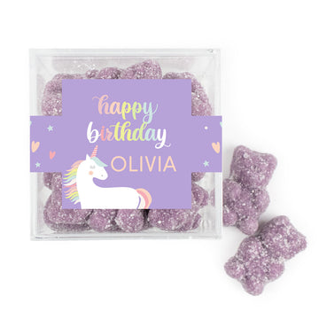 Personalized Unicorn Birthday JUST CANDY favor cube with Sugar Sanded Gummy Bears Rainbow Unicorn