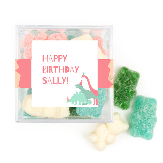 Personalized Dinosaur Birthday JUST CANDY® favor cube with Sugar Sanded Gummy Bears Pink Dino
