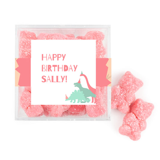 Personalized Dinosaur Birthday JUST CANDY® favor cube with Sugar Sanded Gummy Bears Pink Dino