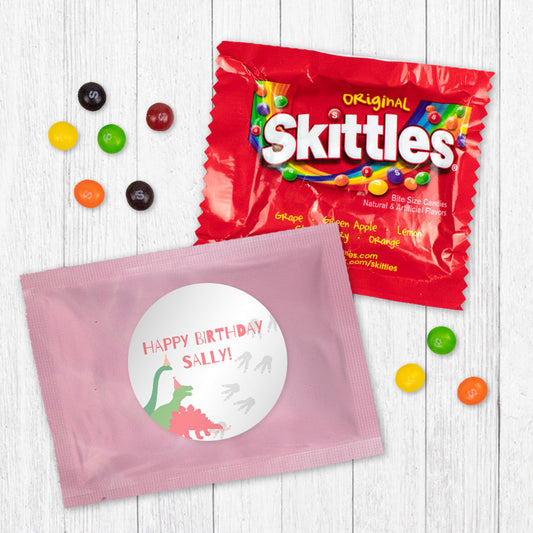 Personalized Kids Birthday Pink Dino Skittles Favor Bag