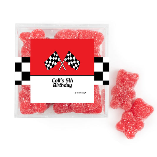 Personalized Race Car Birthday JUST CANDY® favor cube with Sugar Sanded Gummy Bears