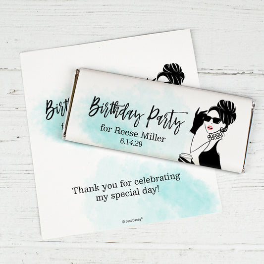 Birthday Personalized Standard Chocolate Bar Wrappers - Lattes & Pearls (6 Wrappers Per Sheet)