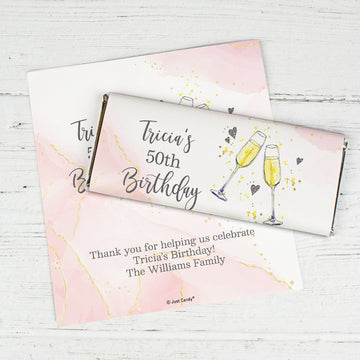 Birthday Personalized Standard Chocolate Bar Wrappers - Champagne (6 Wrappers Per Sheet)