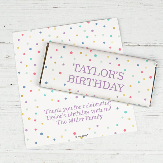 Personalized Birthday Confetti Dots Chocolate Bar Wrappers Only