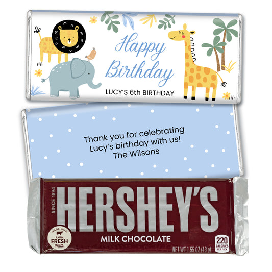 Personalized Kids Birthday Safari Animals Hershey's Chocolate Bar and Wrapper