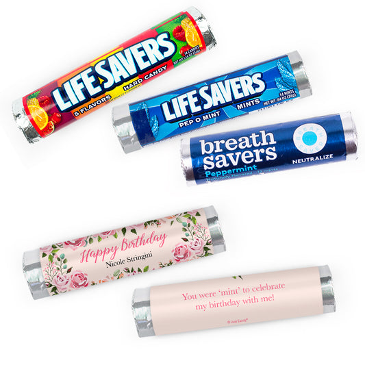 Personalized Birthday Pink Floral Lifesavers Rolls (20 Rolls)