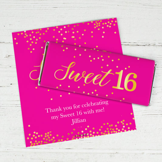 Personalized Sweet 16 Golden Pink Chocolate Bar Wrappers