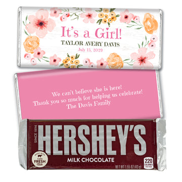 Personalized Birth Announcement Floral Frame Hershey's Chocolate Bar and Wrapper