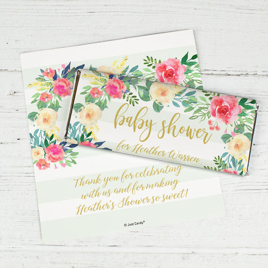 Baby Shower Personalized Standard Chocolate Bar Wrapper - Green Floral (6 Wrappers Per Sheet)