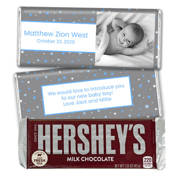 Personalized Birth Announcement Blue Stars Hershey's Chocolate Bar and Wrapper