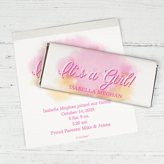 Girl Birth Announcement Personalized Chocolate Bar Wrappers Watercolor Pink