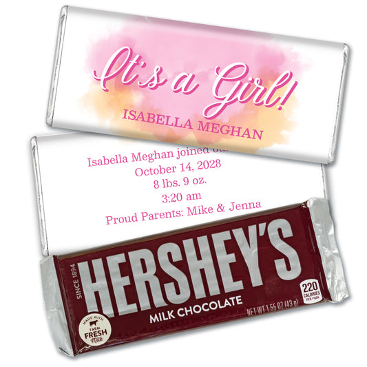 Girl Birth Announcement Personalized Chocolate Bar & Wrapper - Watercolor Pink
