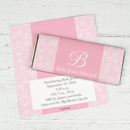 Girl Birth Announcement Personalized Chocolate Bar Wrappers - Baby Initial