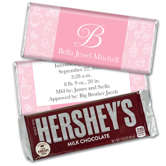 Girl Birth Announcement Personalized Chocolate Bar & Wrapper - Baby Initial