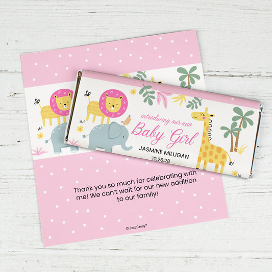 Baby Girl Announcement Personalized Chocolate Bar Wrappers Safari Friends