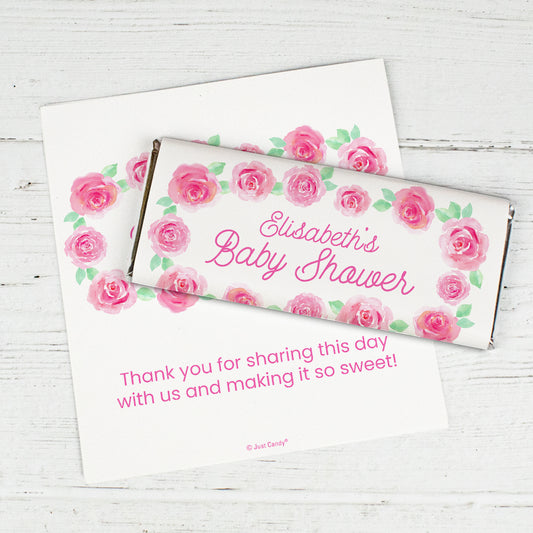 Baby Shower Personalized Standard Chocolate Bar Wrapper - Pink Roses (6 Wrappers Per Sheet)