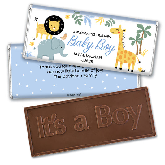 Baby Boy Announcement Personalized Embossed Chocolate Bars - Jungle Friends