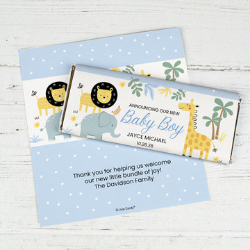 Baby Boy Announcement Personalized Chocolate Bar Wrappers Safari Friends