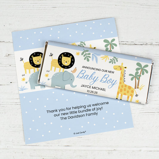 Baby Boy Announcement Personalized Chocolate Bar Wrappers Safari Friends