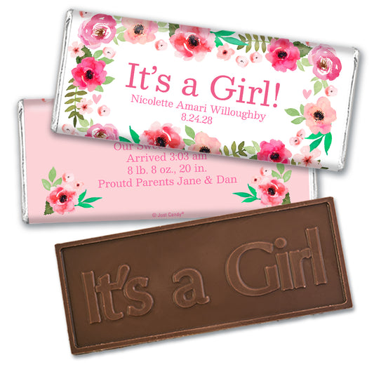 Baby Girl Announcement Personalized Embossed Chocolate Bars - Pink Flowers