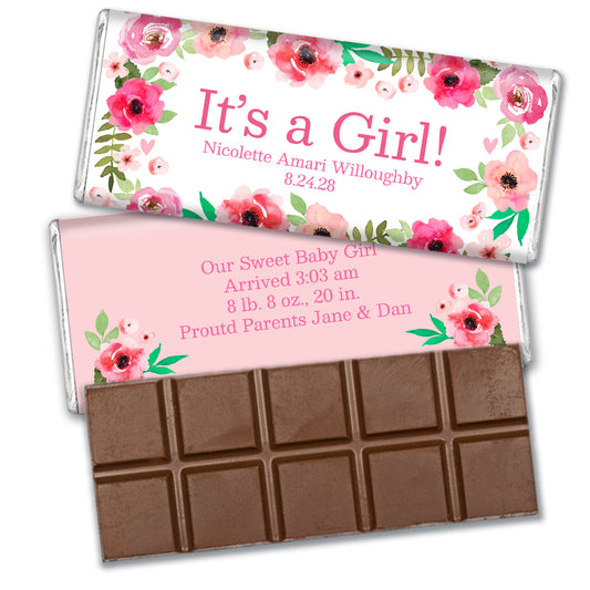 Girl Birth Announcement Personalized Chocolate Bar & Wrapper - Pink Flowers