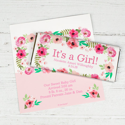 Girl Birth Announcement Personalized Chocolate Bar Wrappers - Pink Flowers