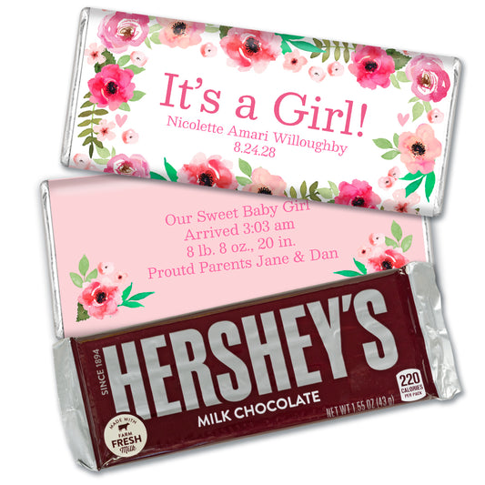 Girl Birth Announcement Personalized Chocolate Bar & Wrapper - Pink Flowers
