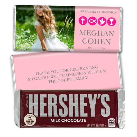 Personalized Communion Pink Photo Icons Hershey's Chocolate Bar and Wrapper