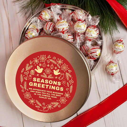 Personalized Christmas Season's Greetings Tin with Lindt Truffles (approx 35 pcs)