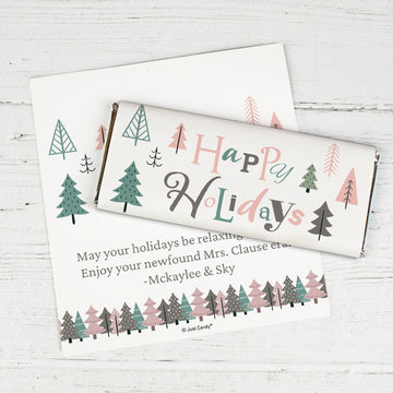 Christmas Personalized Standard Chocolate Bar Wrappers Happy Holidays Trees (6 Wrappers Per Sheet)