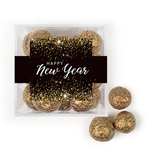 Personalized Black & Gold New Year's Eve JUST CANDY® Favor Cube With Premium Sparkling Prosecco Cordials