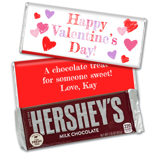 Personalized Valentine's Day Drawn Hearts Hershey's Chocolate Bar and Wrapper