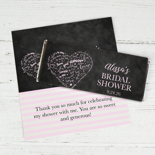 Bridal Shower Favor Personalized Standard Chocolate Bar Wrappers - Heart Word Cloud (6 Wrappers Per Sheet)