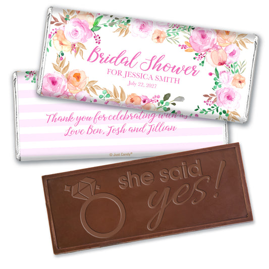 Bridal Shower Favor Personalized Embossed She Said Yes Chocolate Bar Colored Pink Flowers