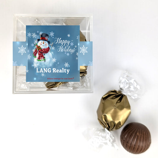 Personalized Christmas JUST CANDY® favor cube with Dubai Truffles - Jolly Snowman