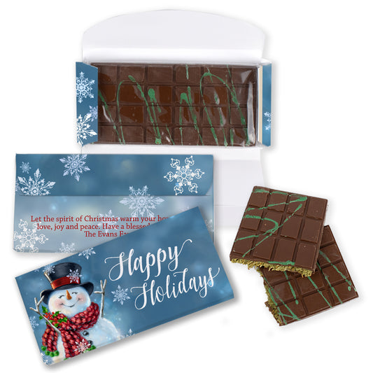 Personalized Dubai Chocolate Bar Happy Holidays Snowman 7.4oz Bar