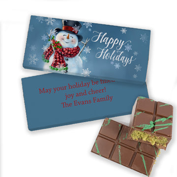 Personalized Dubai Chocolate Bar Happy Holidays Snowman 3.8oz Bar