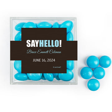 Personalized Boy Birth Announcement Say Hello! JUST CANDY favor cube with Just Candy Milk Chocolate Minis