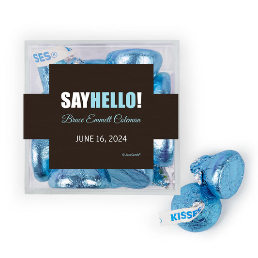 Personalized Boy Birth Announcement Say Hello! JUST CANDY® favor cube with Hershey's Kisses