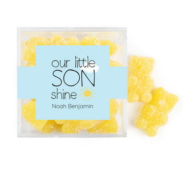 Personalized Boy Birth Announement Our little Sonshine JUST CANDY favor cube with Sugar Sanded Gummy Bears