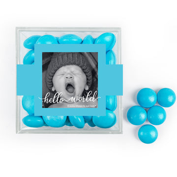 Personalized Boy Birth Announcement Hello World! JUST CANDY favor cube with Just Candy Milk Chocolate Minis