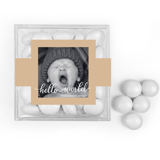 Personalized Boy Birth Announcement Hello World! JUST CANDY® favor cube with Just Candy Milk Chocolate Minis