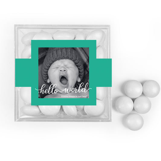 Personalized Boy Birth Announcement Hello World! JUST CANDY favor cube with Just Candy Milk Chocolate Minis